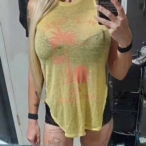 Yellow And Pink Sleeveless Sheer Graphic Top